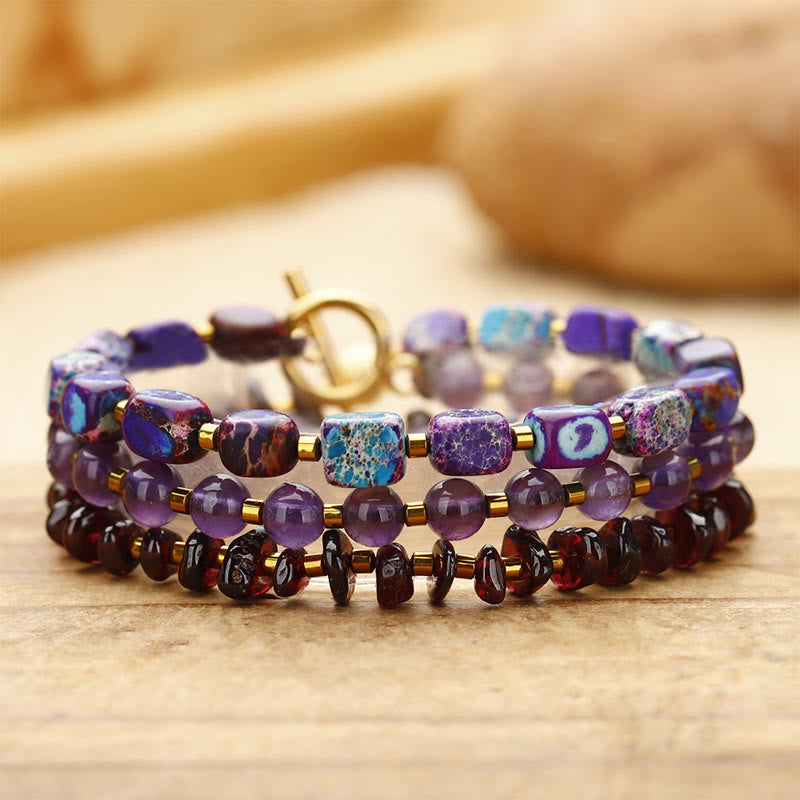 KarmaRipple's Amethyst Garnet Emperor Stone Communication Triple Wrap Bracelet p1
