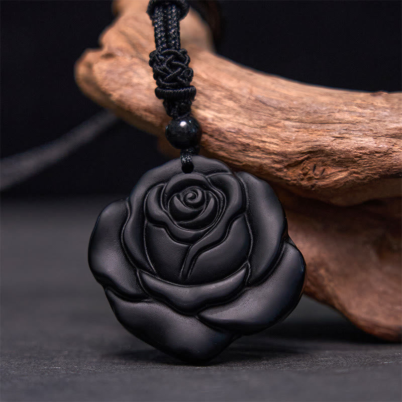 KarmaRipple's Black Obsidian String Black Rose Purification Pendant Necklace p1