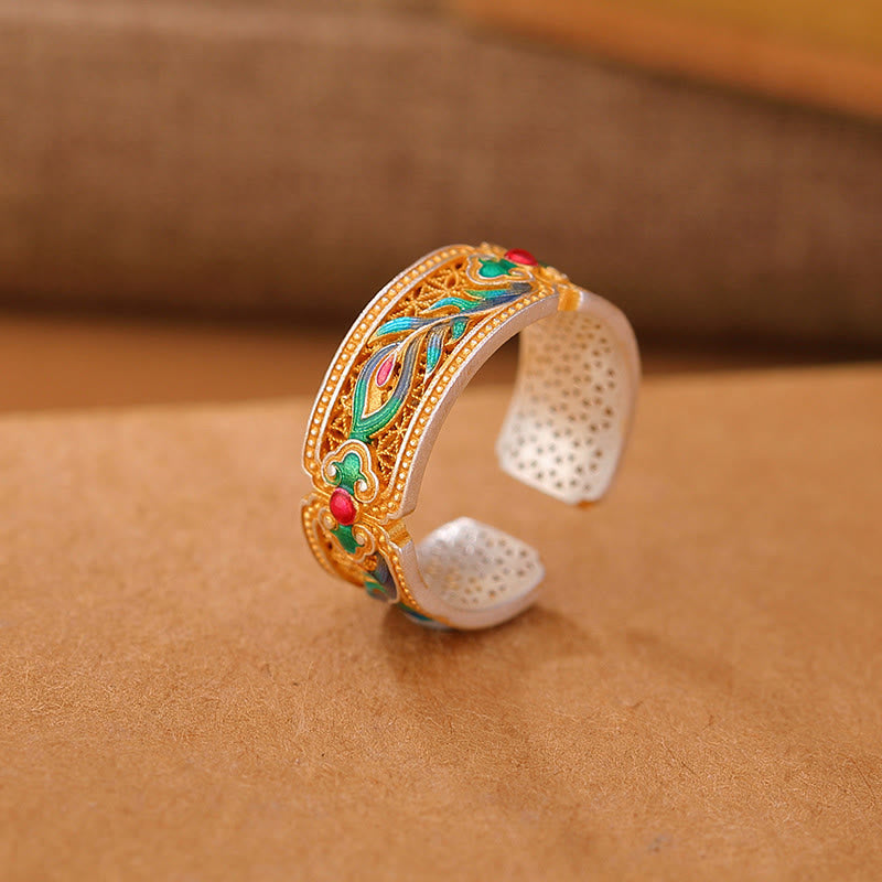 KarmaRipple's 999 Sterling Silver Enamel Feather Design Adjustable Calm Ring p1