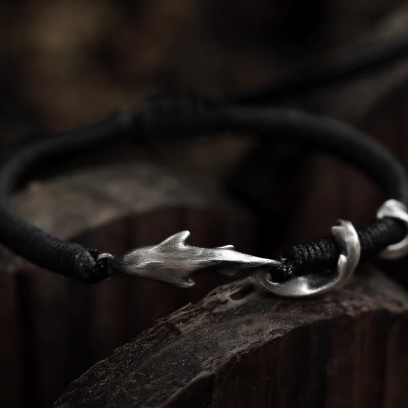 KarmaRipple's 999 Sterling Silver Shark Black Wax Rope Protection Bracelet p1