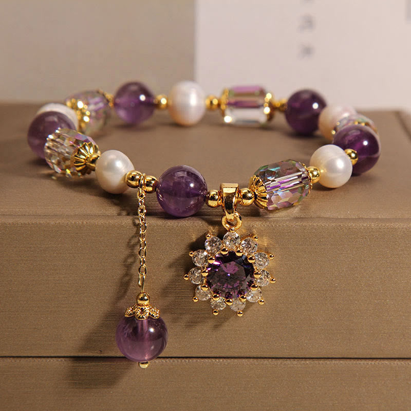 KarmaRipple's Authentic Amethyst Pearl Sunflower Communication Bracelet p1