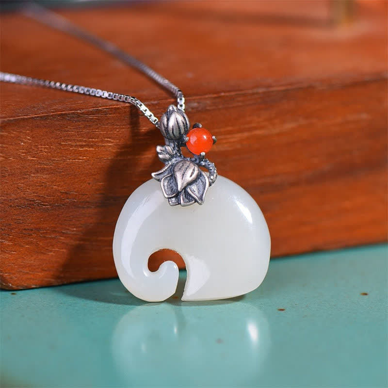 KarmaRipple's Ivory Jade Elephant Lotus Protection Pendant Necklace p1