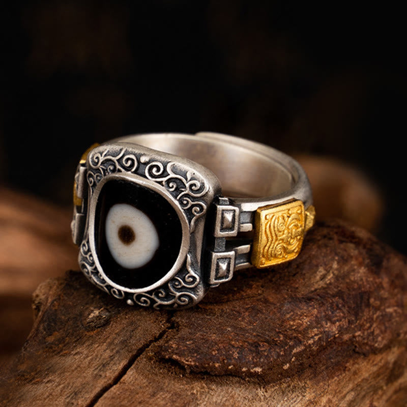 KarmaRipple's 925 Sterling Silver Zakiram Goddess of Wealth Design Dzi Bead Protection Ring p1
