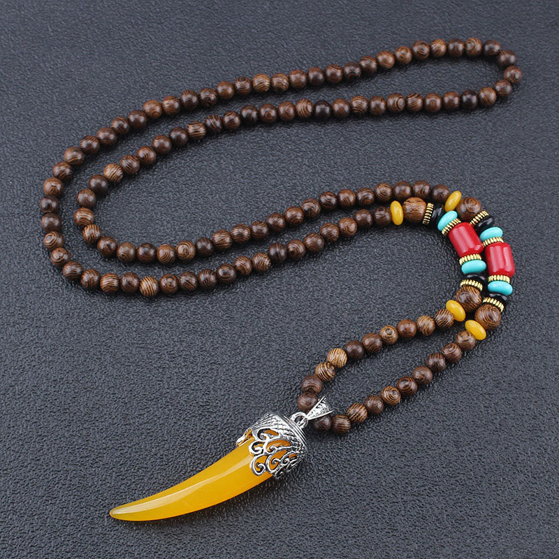 KarmaRipple's Wenge Wood Turquoise Stone Horn Style Protection Meditation Pendant Necklace p1