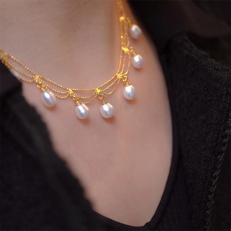 KarmaRipple's Vintage 14K Gold Plated Pearl Bead Balancing Multilayer Pendant Necklace p1