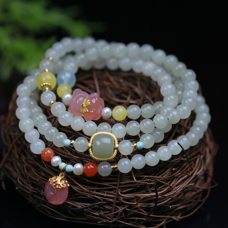 KarmaRipple's Authentic Hetian Jade Pink Gemstone Peace Buckle Happiness Abundance Bracelet p1