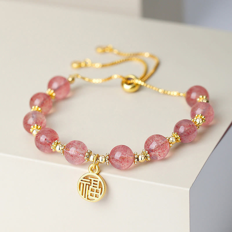 KarmaRipple's 14K Gold Plated Authentic Strawberry Quartz Fu Character Positive Talisman Bracelet p1