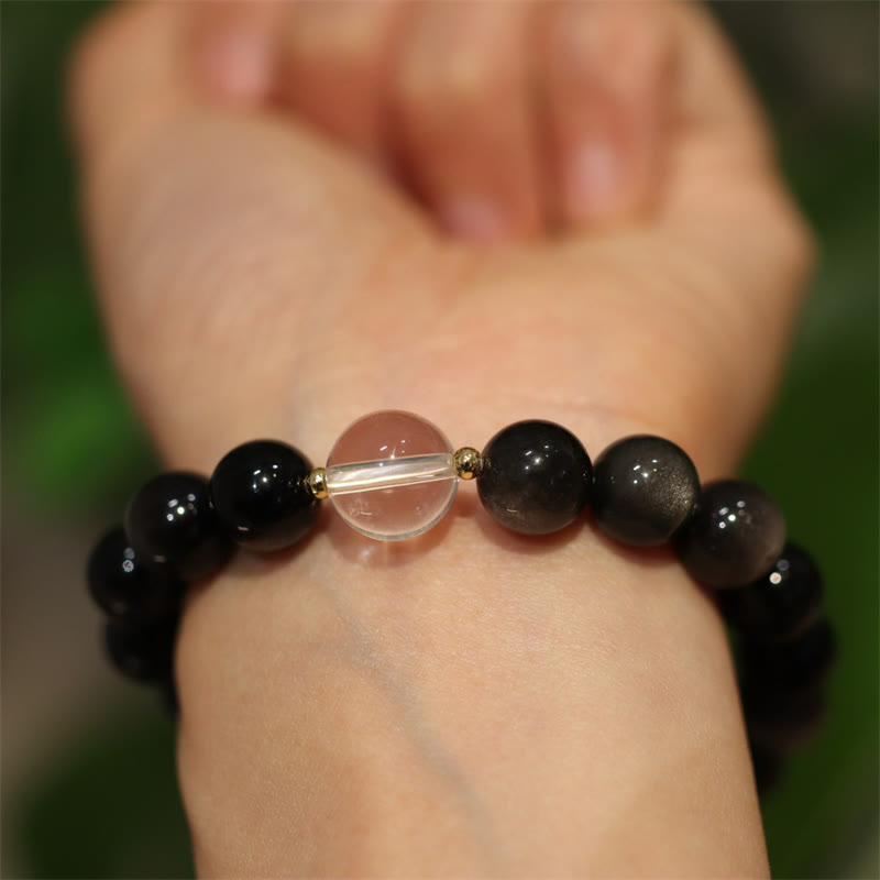 KarmaRipple's Authentic Silver Sheen Obsidian Pink Gemstone Ivory Gemstone Protection Yin Yang Color Pair Bracelet p1