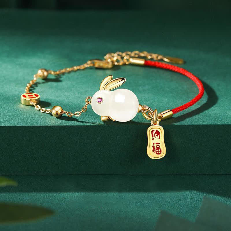 KarmaRipple's Year of the Rabbit Ivory Jade Happiness Red String Chain Bracelet p1
