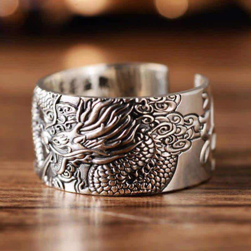 KarmaRipple's 999 Sterling Silver Dragon Carved Pattern Protection Success Ring p1