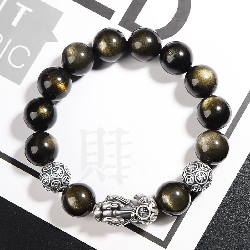 KarmaRipple's 925 Sterling Silver Authentic Gold Sheen Obsidian PiXiu Wealth Protection Bracelet p1