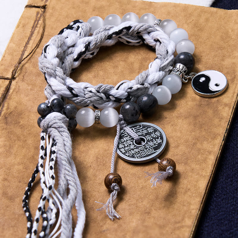 KarmaRipple's Black Glitter Stone Cat's Eye Yin Yang Mountain Ghosts Spend Money Power Double Layer Rope Bracelet p1