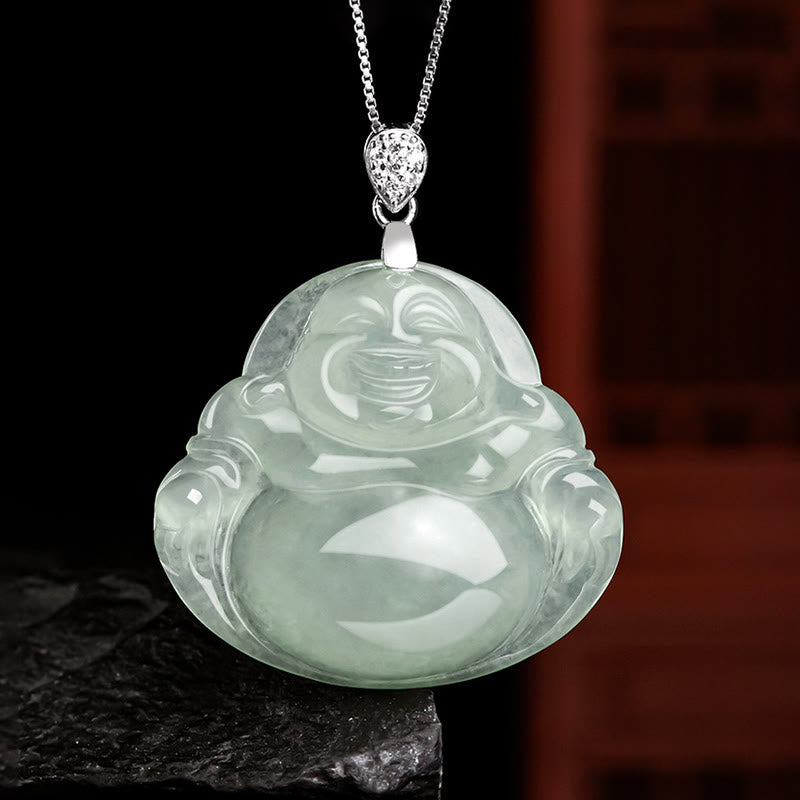 KarmaRipple's 925 Sterling Silver Authentic Jade Laughing Buddha Prosperity Abundance Chain Pendant Necklace p1