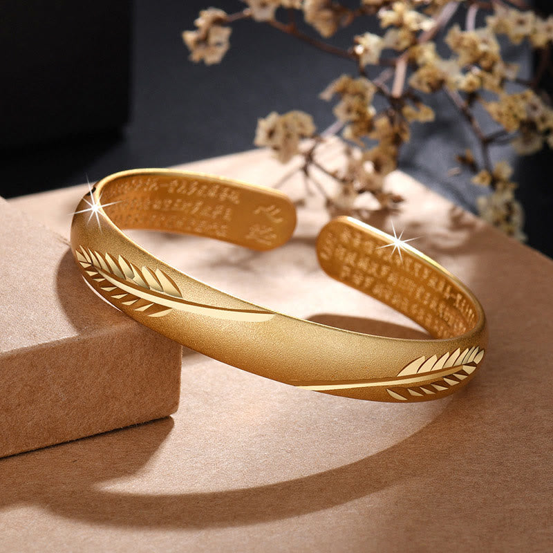 KarmaRipple's Feather Heart Sutra Engraved Pattern Wealth Bronze Cuff Bracelet Bangle p1