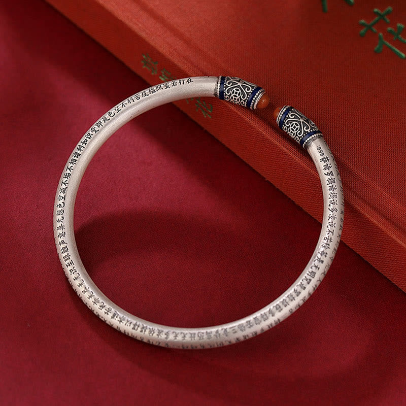 KarmaRipple's 999 Sterling Silver Heart Sutra Engraved Red Agate Protection Bracelet Bangle p1