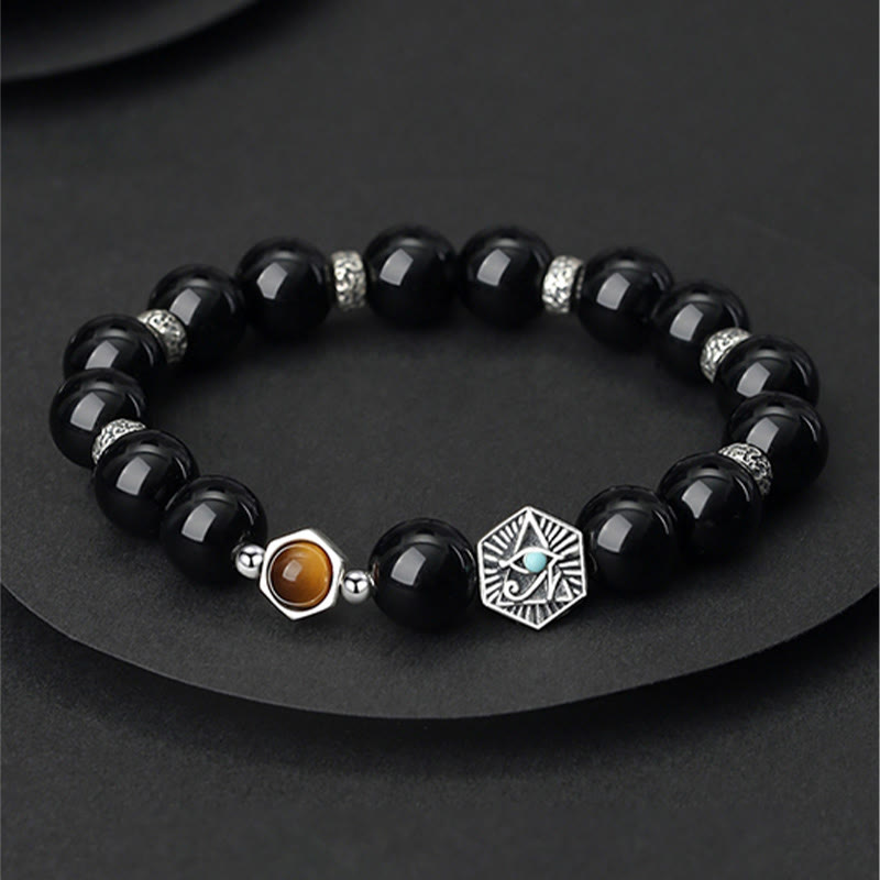 KarmaRipple's 925 Sterling Silver Black Obsidian Tiger Eye Eye of Providence Purification Bracelet p1