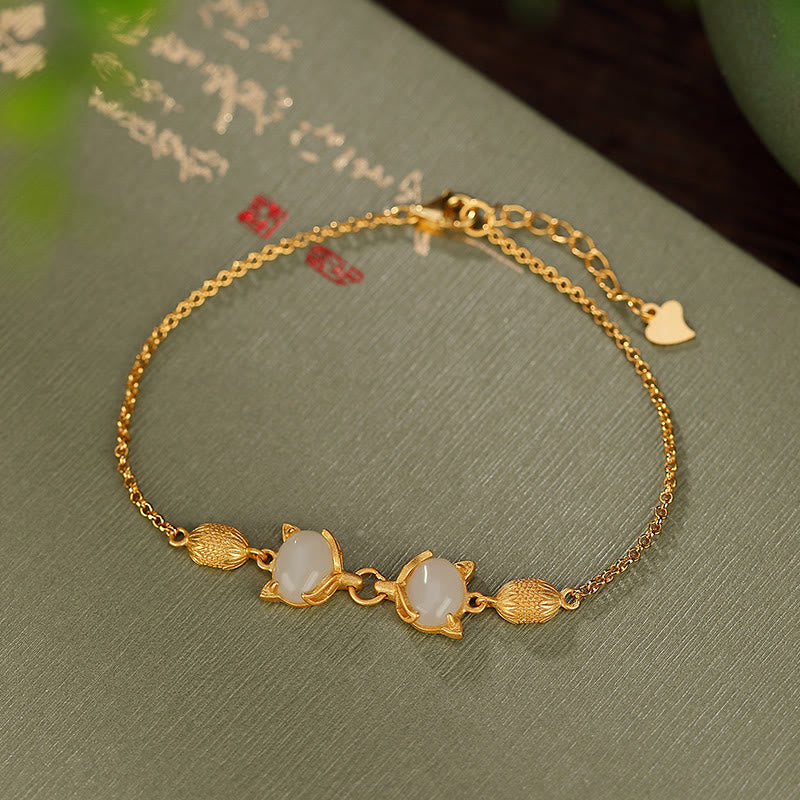 KarmaRipple's 925 Sterling Silver Authentic Hetian Ivory Jade Cyan Jade Lovely Fox Fortune Bracelet p16