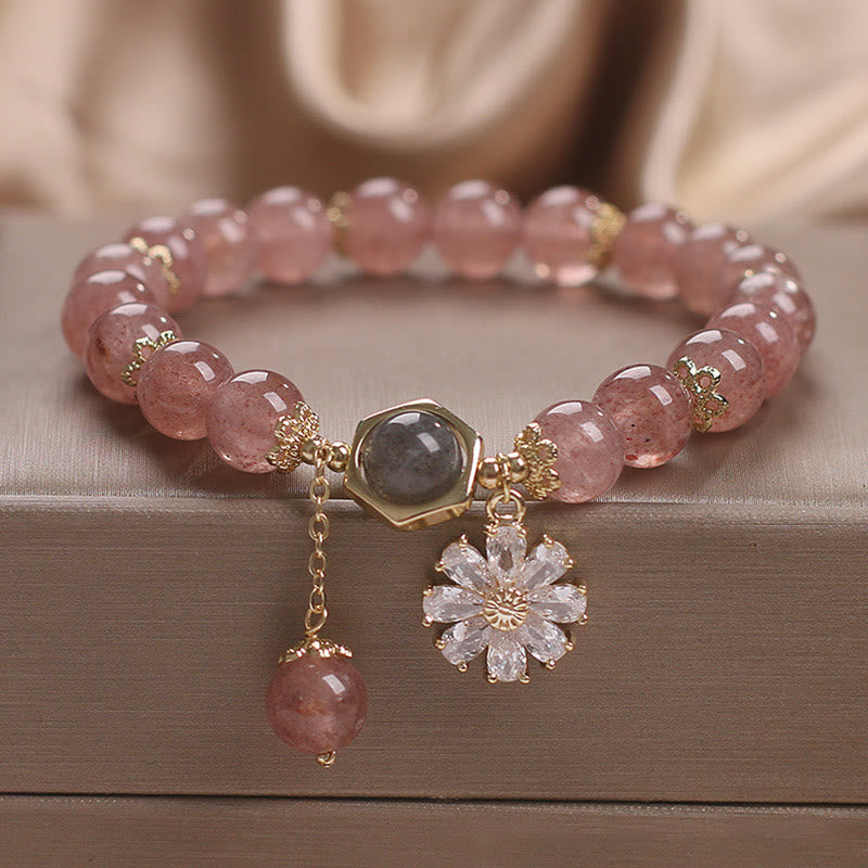 KarmaRipple's Authentic Strawberry Quartz Gemstone Daisy Flower Talisman Positive Balancing Bracelet p8