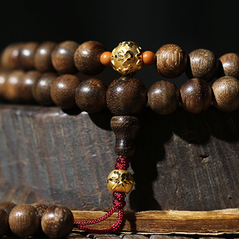 KarmaRipple's 999 Gold 108 Mala Beadwork Kalimantan Agarwood Cyan Jade Six True Words Strength Bracelet p15