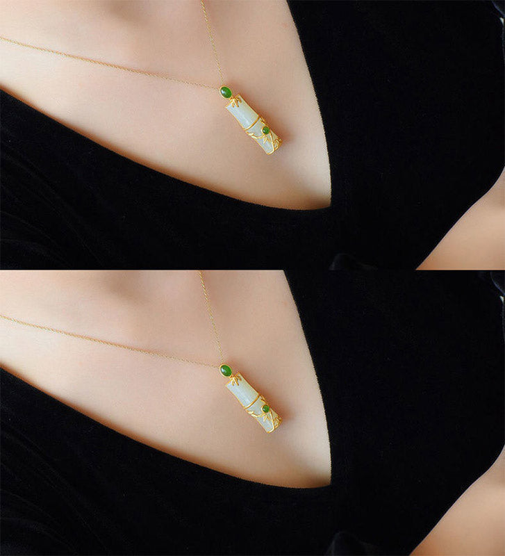 KarmaRipple's Ivory Jade Cyan Jade Bamboo Protection Pendant Necklace p9