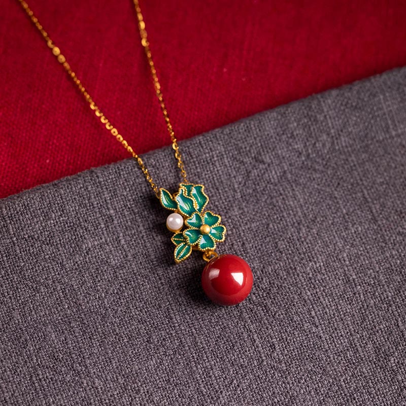 KarmaRipple's 925 Sterling Silver Plated Gold Cinnabar Pearl Flower Blessing Pendant Necklace Earrings Ring Set p19