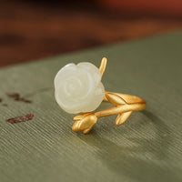 KarmaRipple's 925 Sterling Silver Plated Gold Rose Flower Hetian Ivory Jade Happiness Ring