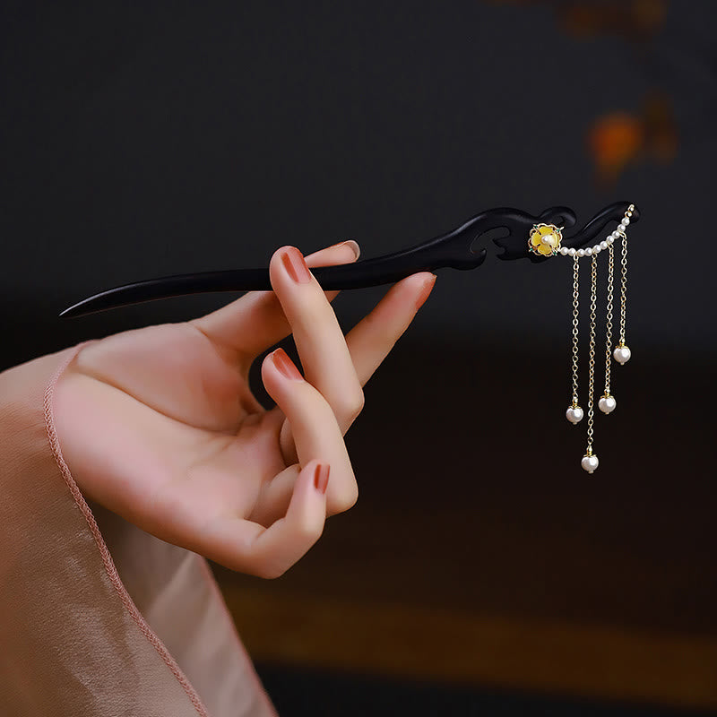KarmaRipple's Ebony Wood Yellow Flower Pearl Tassels Hairpin p8