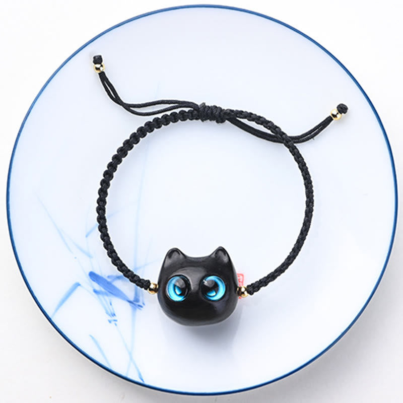 KarmaRipple's Small Leaf Red Sandalwood Ebony Wood Cute Cat Head Calm Protection Woven Bracelet p12