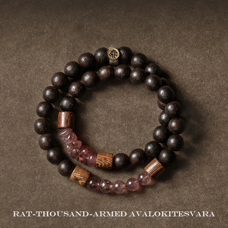 KarmaRipple's 925 Sterling Silver Chinese Zodiac Natal Buddha Agarwood Strawberry Quartz Peace Double Wrap Bracelet p29