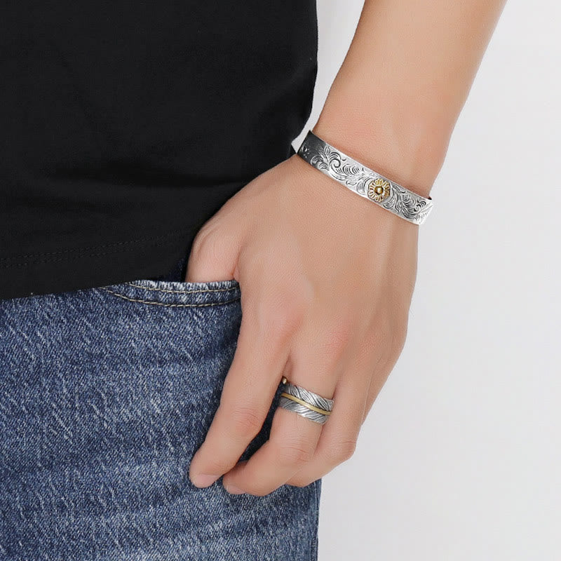 KarmaRipple's Tang Dynasty Flower Design Rose Flower Feather Carved Bronze Fortune Bracelet Bangle p5