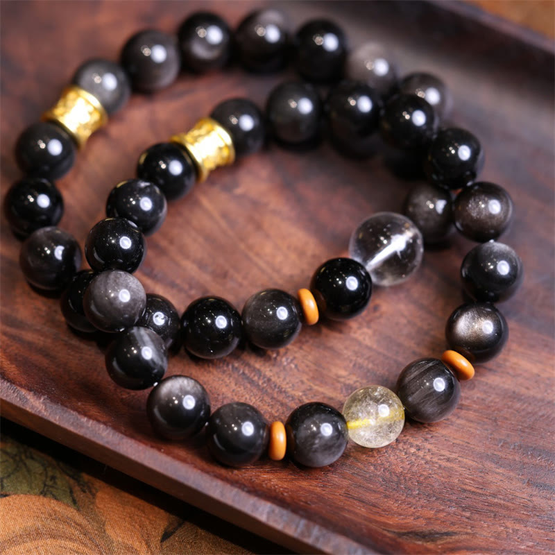 KarmaRipple's Authentic Silver Sheen Obsidian Gemstone Om Mani Padme Hum Bead Protection Bracelet p3