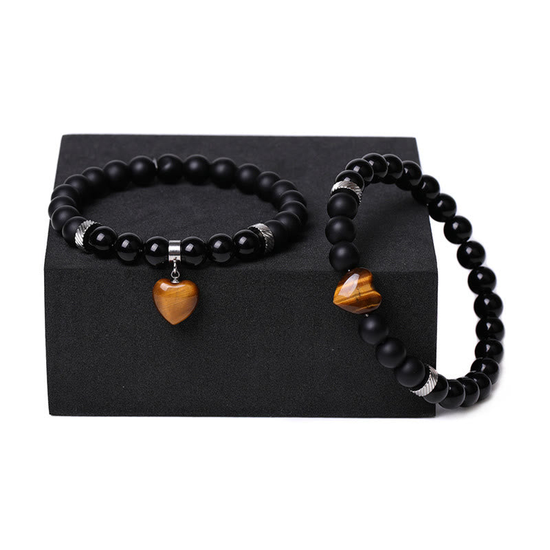 KarmaRipple's 2Pcs Black Onyx Gemstone Stone Love Heart Protection Support Pair Bracelet p10