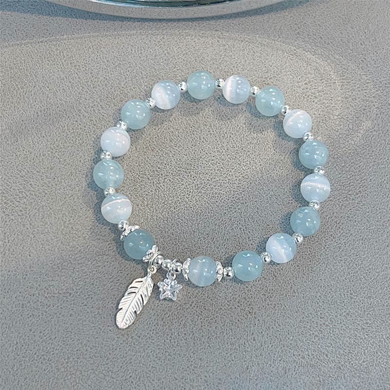 KarmaRipple's 925 Sterling Silver Aquamarine Cat's Eye Balancing Feather Star Talisman Bracelet p12