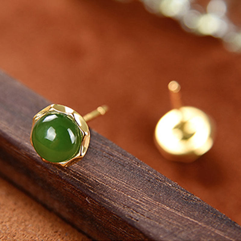 KarmaRipple's 925 Sterling Silver Plated Gold Authentic Hetian Cyan Jade Bead Fortune Stud Earrings p5