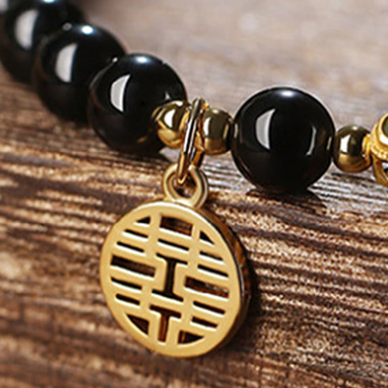 KarmaRipple's Authentic Black Obsidian Hetian Jade Gourd Double Happiness Strength Bracelet p7