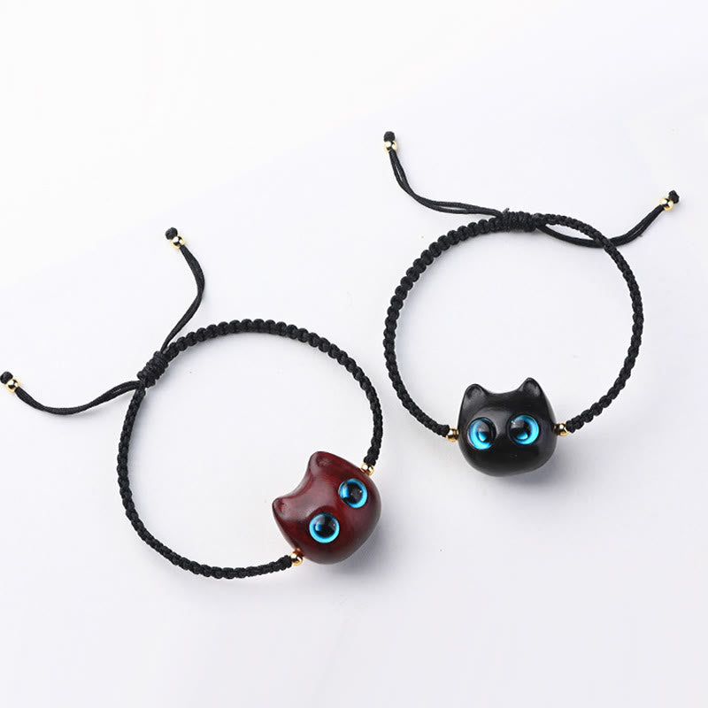 KarmaRipple's Small Leaf Red Sandalwood Ebony Wood Cute Cat Head Calm Protection Woven Bracelet p18