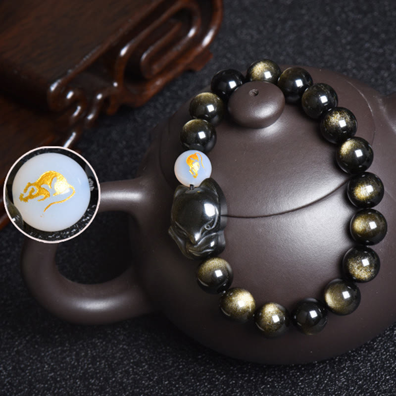 KarmaRipple's Authentic Rainbow Obsidian Gold Sheen Obsidian Silver Sheen Obsidian Fox Balancing Bracelet p12