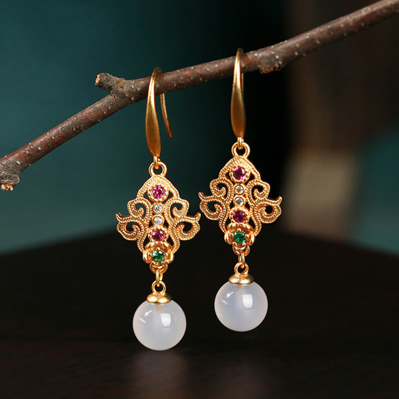 KarmaRipple's 24K Gold Plated Round Chalcedony Positive Dangle Drop Earrings p4