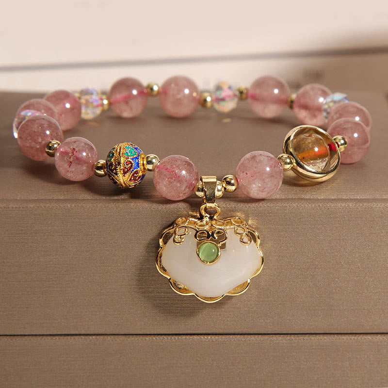 KarmaRipple's Strawberry Quartz Green Gemstone Amethyst Balancing Chinese Lock Talisman Bracelet p22