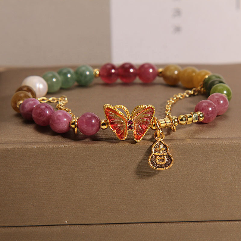KarmaRipple's Authentic Colorful Tourmaline Butterfly Auspicious Character Gourd Talisman Positive Bracelet p5
