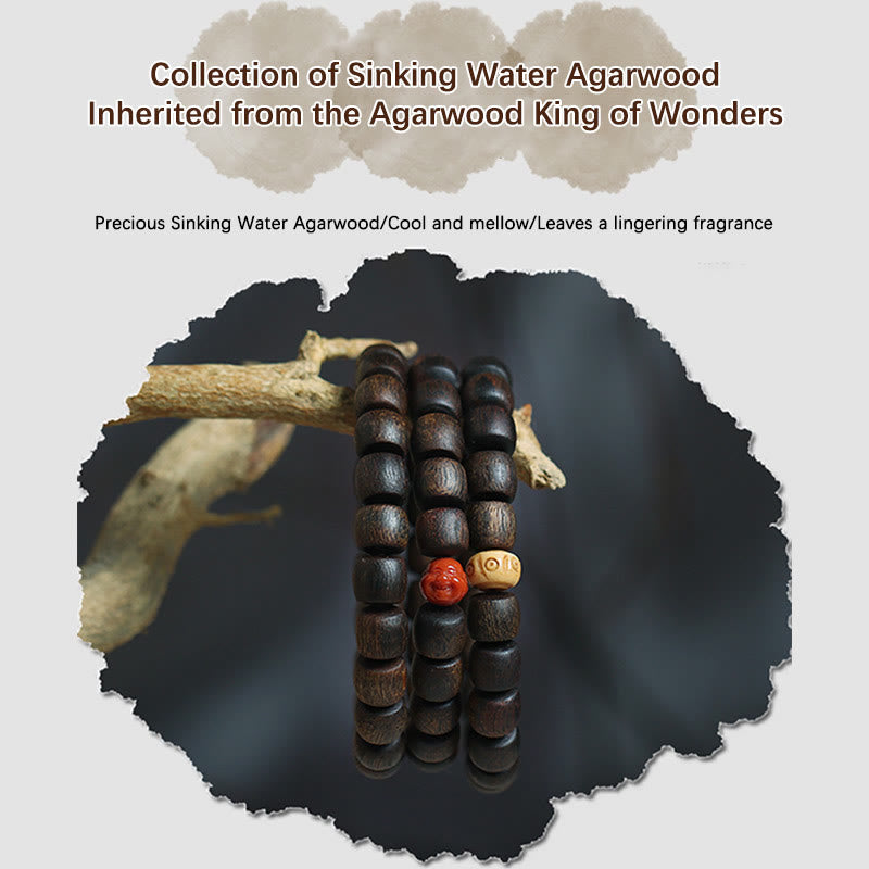 KarmaRipple's Nha Trang Rare Bai Qinan Agarwood Cyan Jade Red Agate Laughing Buddha Tibetan Bone Strength Meditation Bracelet p18