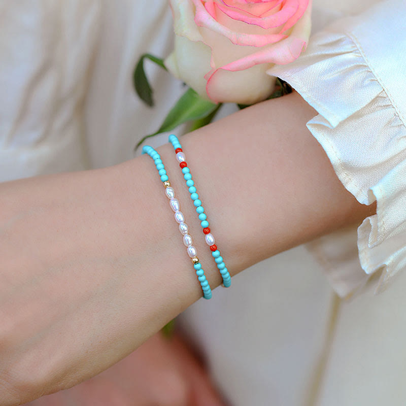 KarmaRipple's Turquoise Red Agate Pearl Small Beaded Protection Bracelet p13