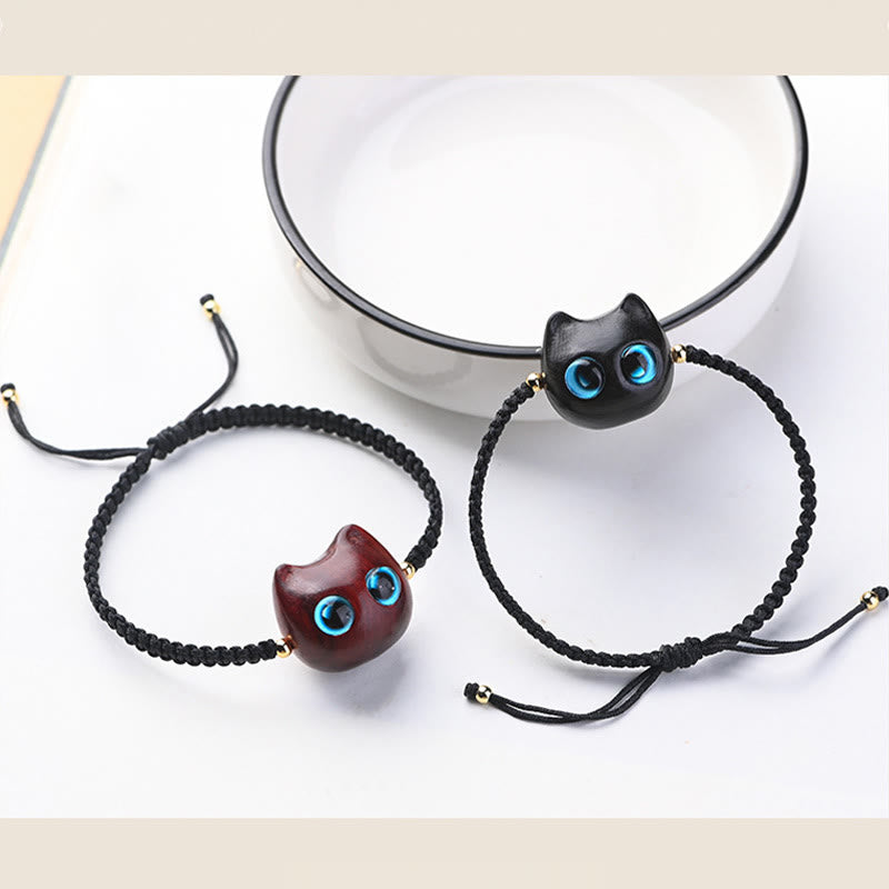 KarmaRipple's Small Leaf Red Sandalwood Ebony Wood Cute Cat Head Calm Protection Woven Bracelet p19