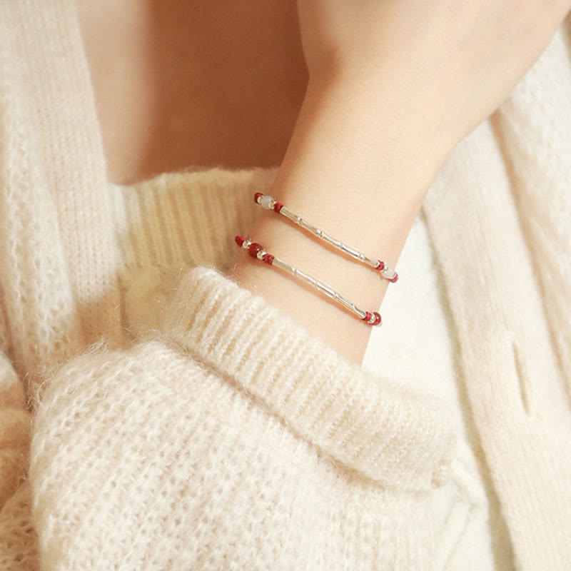 KarmaRipple's 925 Sterling Silver Bamboo Ivory Agate Red Agate Bead Protection String Woven Bracelet p10