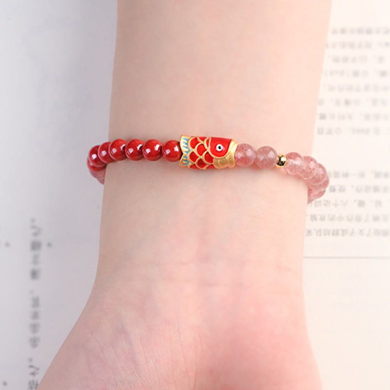 KarmaRipple's Authentic Strawberry Quartz Cinnabar Fortunate Koi Fish Balancing Bracelet p12