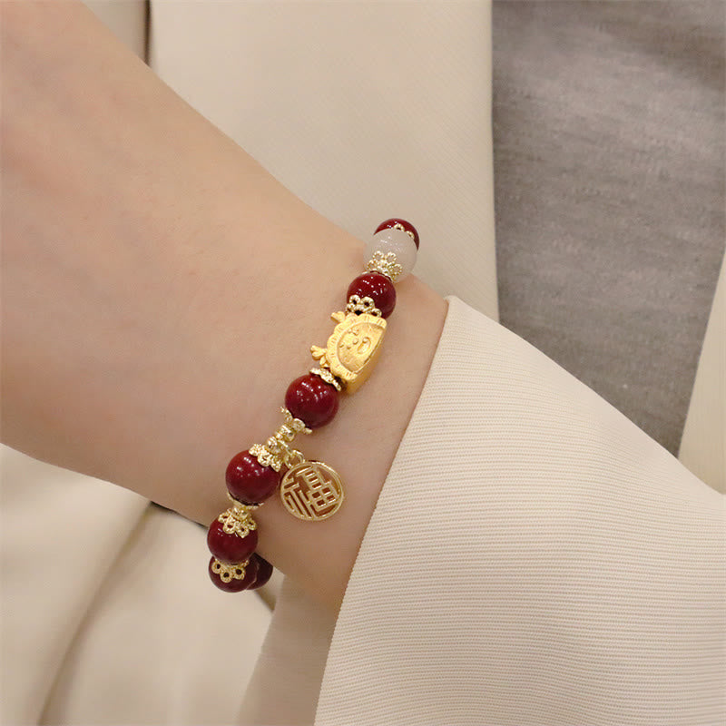 KarmaRipple's Year Of The Dragon Red Agate Strawberry Quartz Black Obsidian Jade Garnet Pearl Cinnabar Dumpling Dragon Fortune Fu Character Bracelet p34