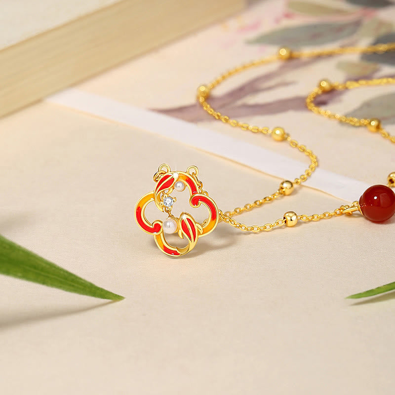 KarmaRipple's 925 Sterling Silver Four Leaf Clover Koi Fish Red Agate Pearl Wealth Bracelet Pendant Necklace Earrings Set p6