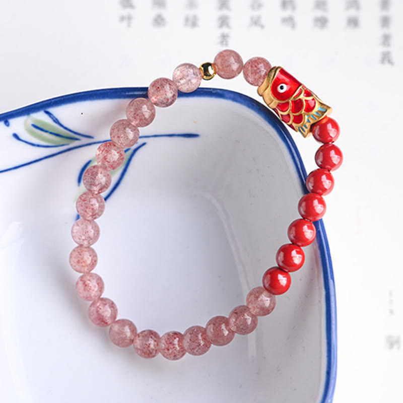 KarmaRipple's Authentic Strawberry Quartz Cinnabar Fortunate Koi Fish Balancing Bracelet p5