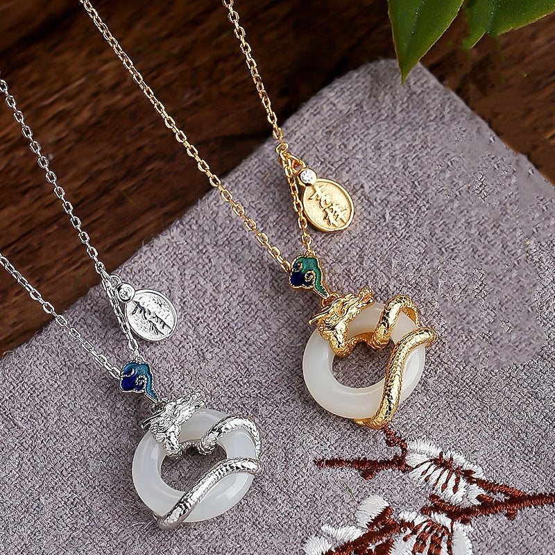 KarmaRipple's Year Of The Dragon 925 Sterling Silver Hetian Ivory Jade Peace Buckle Auspicious Clouds Success Pendant Necklace p10