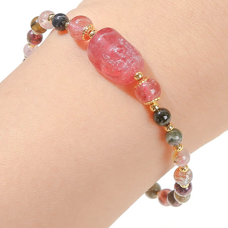 KarmaRipple's Moonstone Strawberry Quartz Tourmaline PiXiu Balancing Bracelet p11